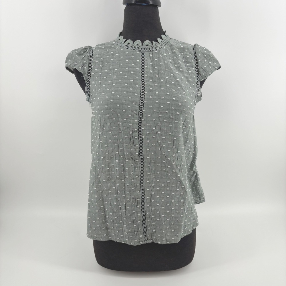 Mine Sage Green Swiss Dot Crochet Lace Trim Cap Sleeve Blouse Medium